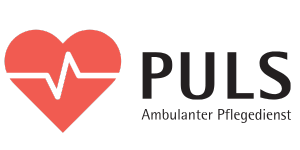 Logo von Pflegedienst Puls, rotes Herz mit schwarzer Schrift.