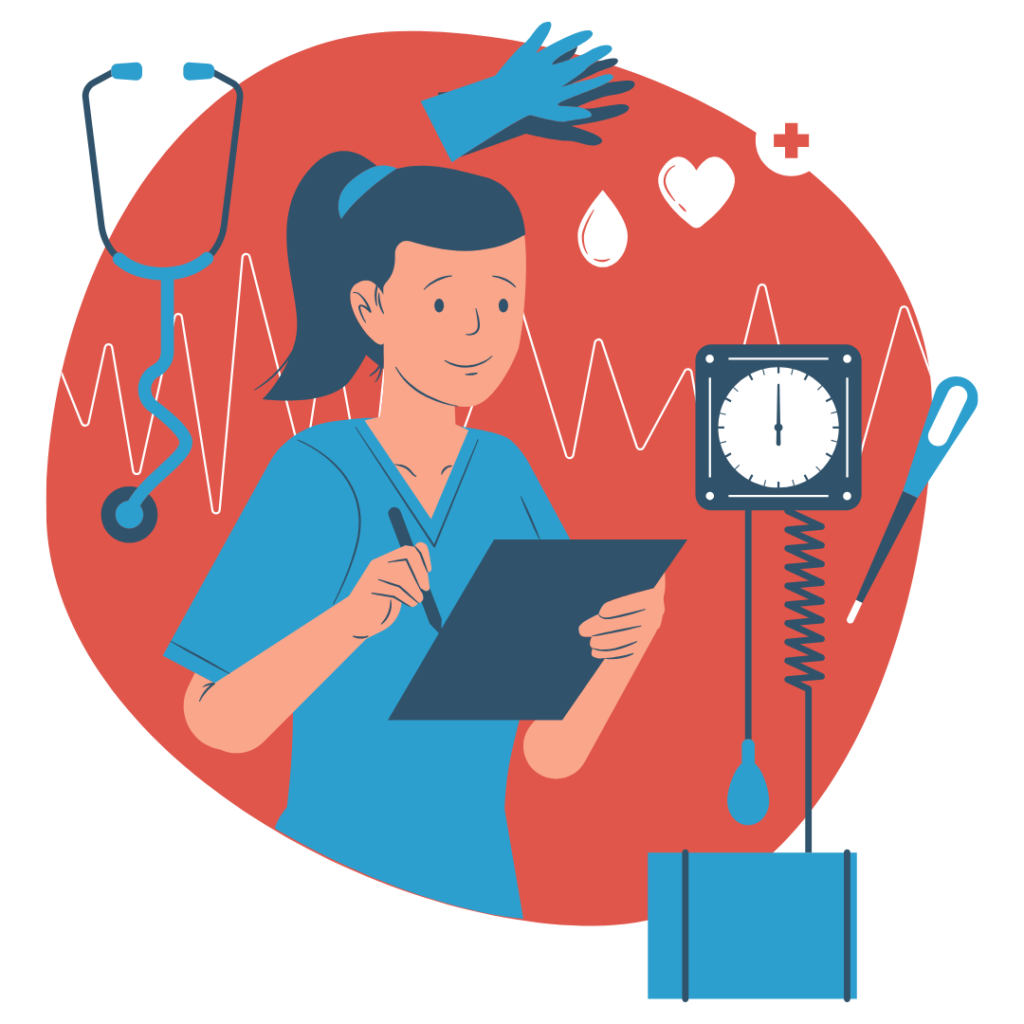 2D Grafik einer Krankenschwester mit einem Klemmbrett in der Hand